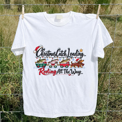 Christmas Fishing Train with Trout and Dog Graphic T-Shirt