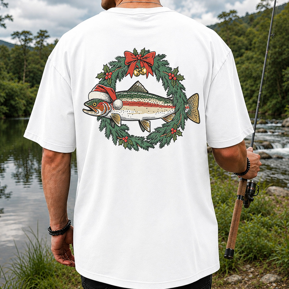 Christmas Trout Wreath Fishing Graphic T-Shirt | Back Print
