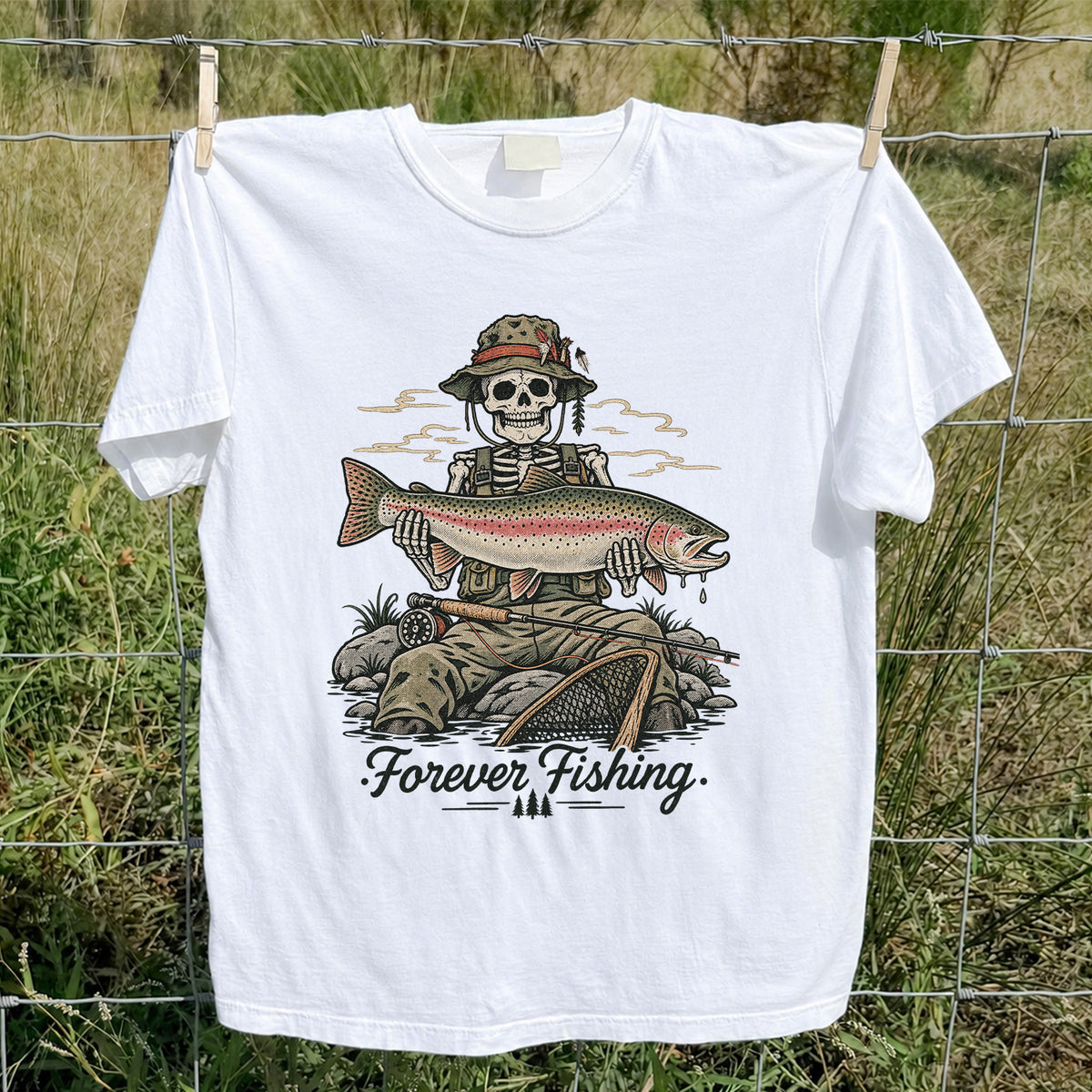 Forever Fishing Skeleton Holding Rainbow Trout Graphic T-Shirt