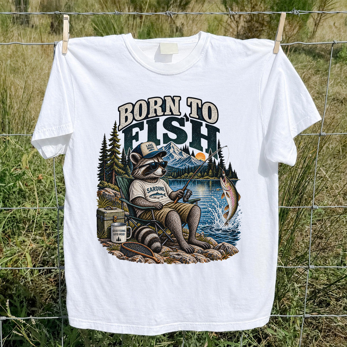 Born to Fish Raccoon in Sunglasses Lake Fishing T-Shirt