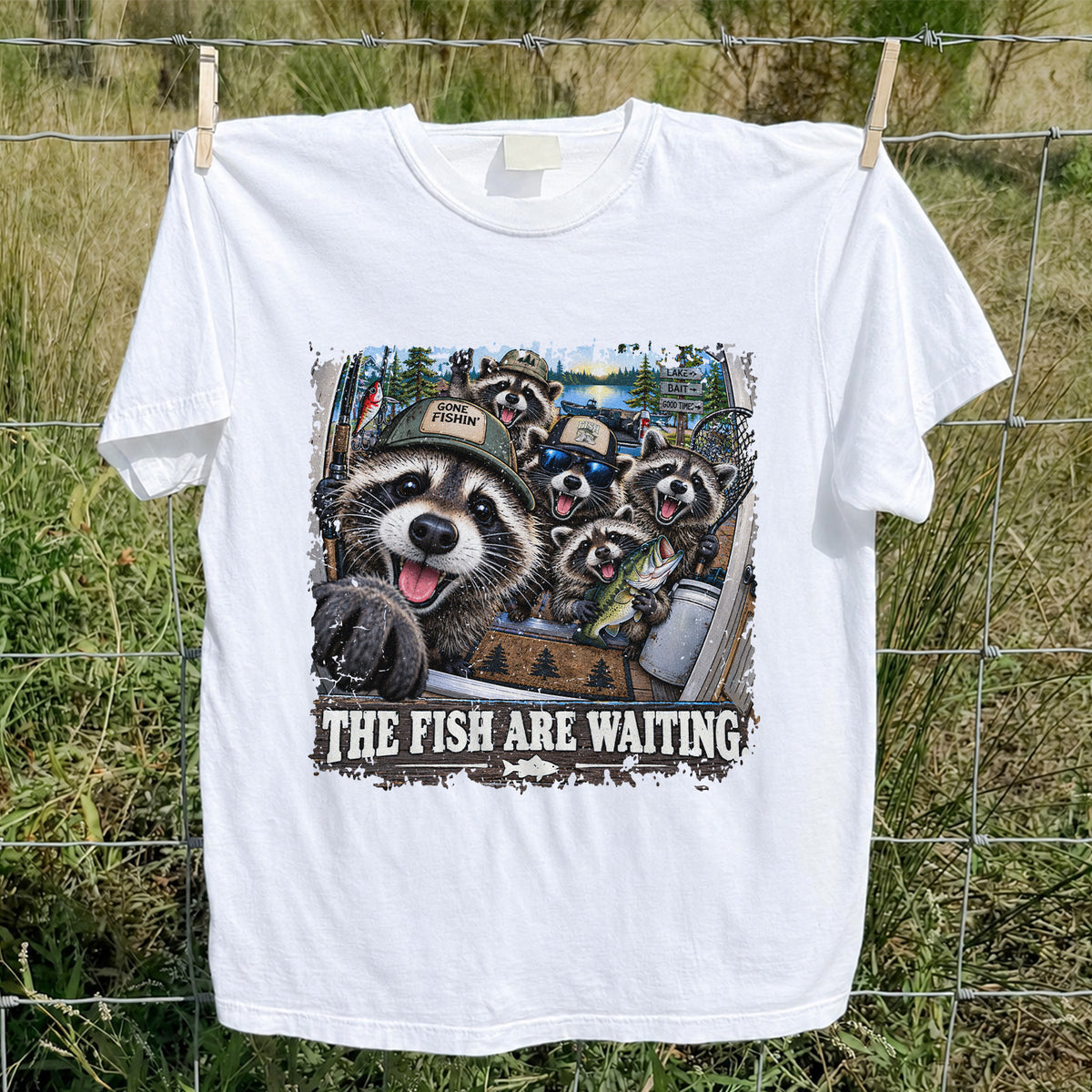 The Fish Are Waiting Raccoon Crew Funny Fishing T-Shirt