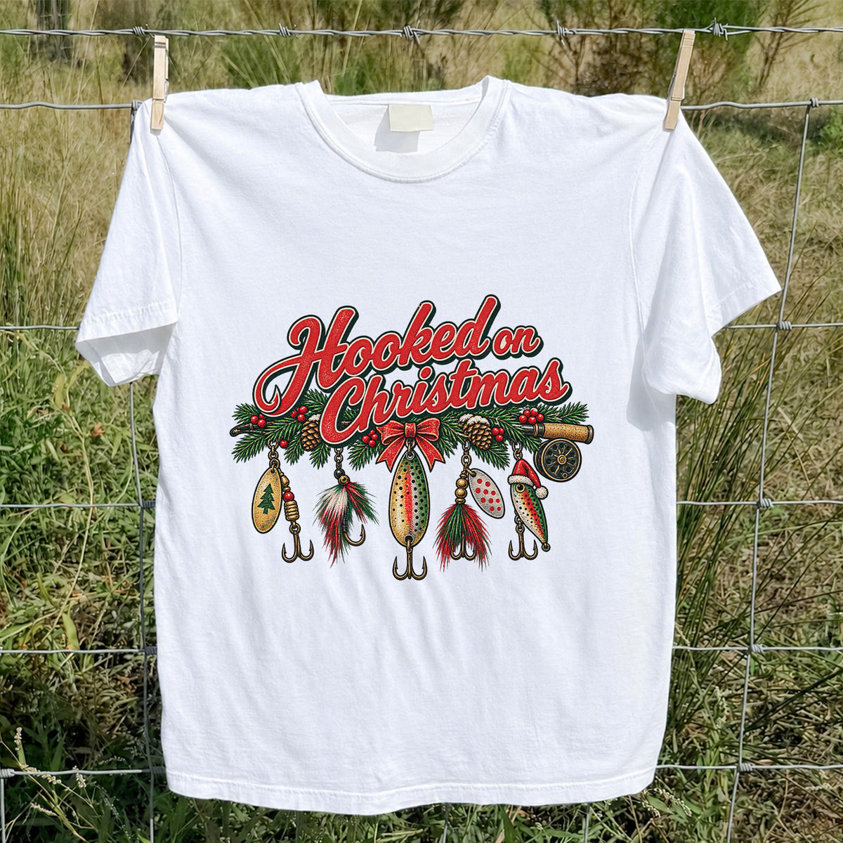 Hooked on Christmas Fishing Lure Ornaments Graphic T-Shirt