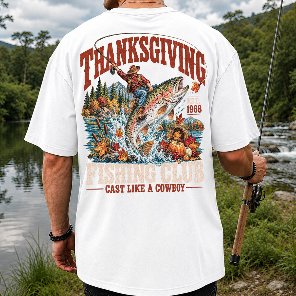Thanksgiving Cowboy Trout Fishing Club Graphic T-Shirt | Back Print