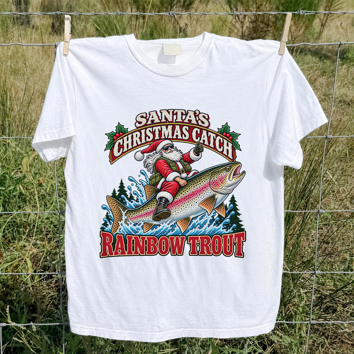Santa's Christmas Catch Rainbow Trout Fishing T-Shirt