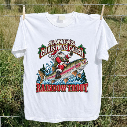 Santa's Christmas Catch Rainbow Trout Fishing T-Shirt