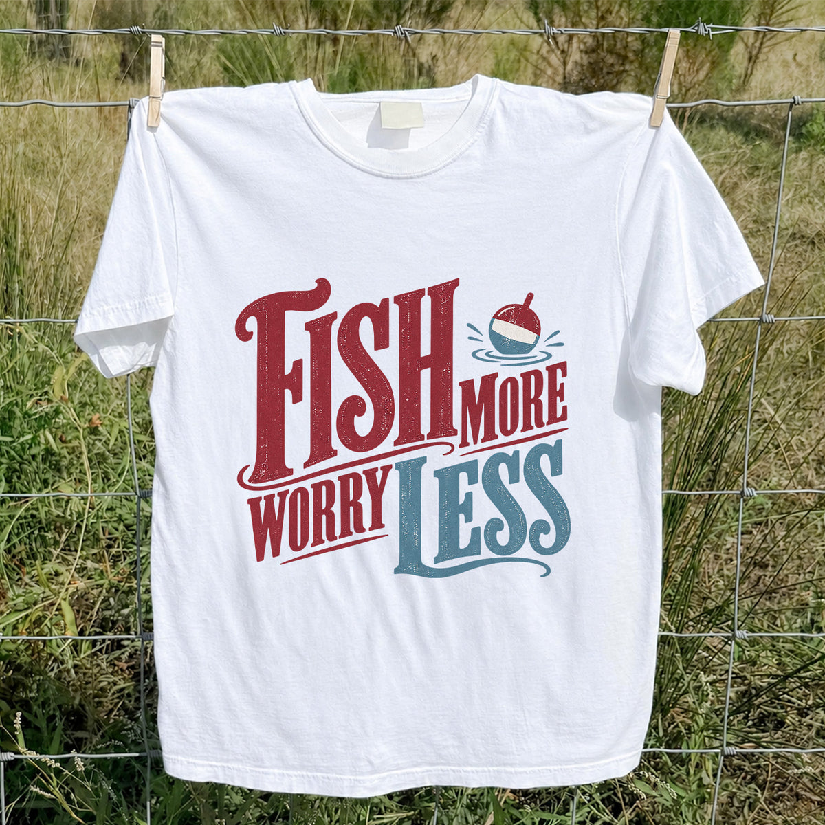 Fish More Worry Less Vintage Bobber Fishing Graphic T-Shirt
