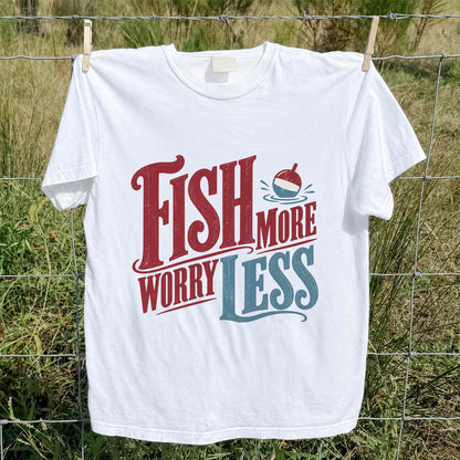 Fish More Worry Less Vintage Bobber Fishing Graphic T-Shirt