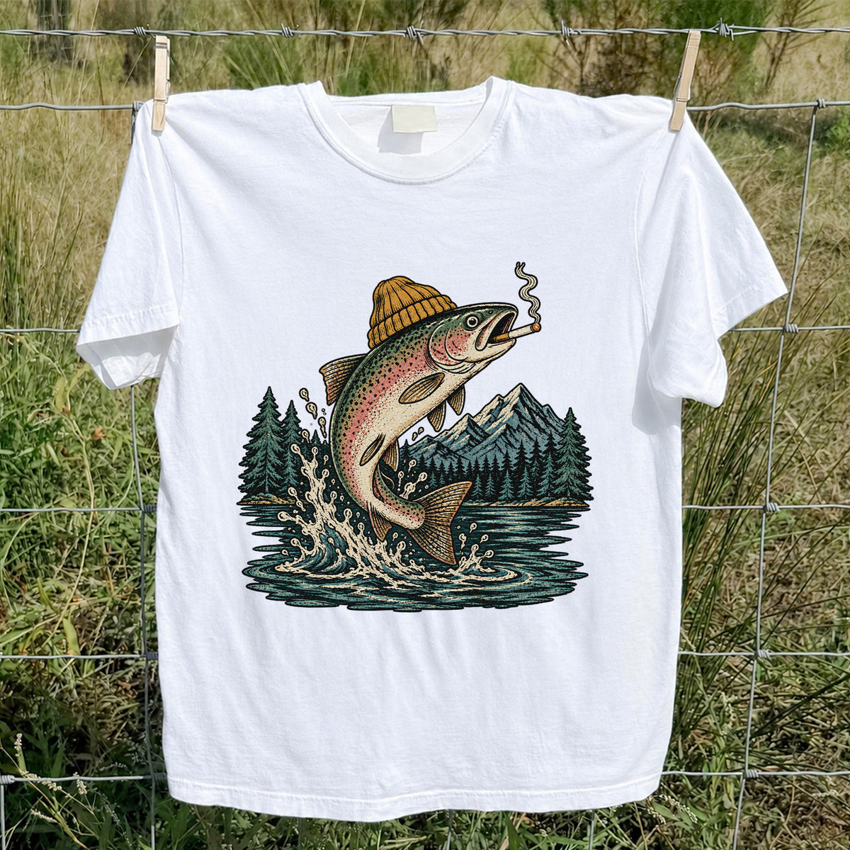Rainbow Trout in Beanie Smoking and Jumping from Lake Graphic T-Shirt