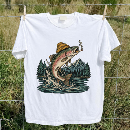 Rainbow Trout in Beanie Smoking and Jumping from Lake Graphic T-Shirt