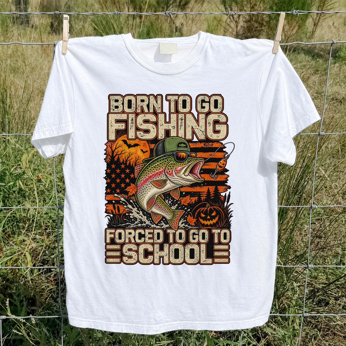 Born to Go Fishing Forced to Go to School Halloween Rainbow Trout T-Shirt