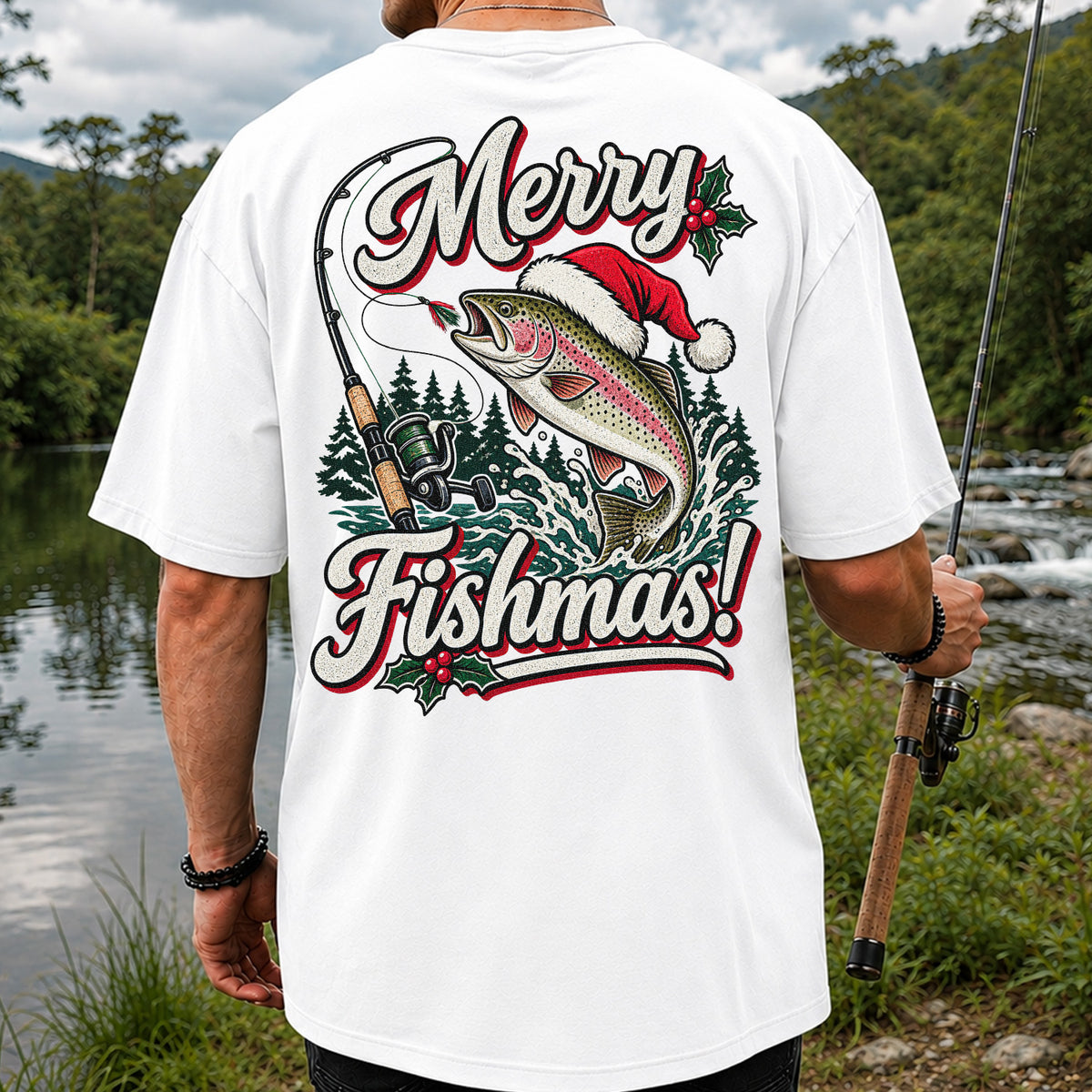 Merry Fishmas Rainbow Trout in Santa Hat Christmas Fishing T-Shirt, Trout Fishing | Back Print