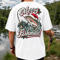Merry Fishmas Rainbow Trout in Santa Hat Christmas Fishing T-Shirt, Trout Fishing | Back Print