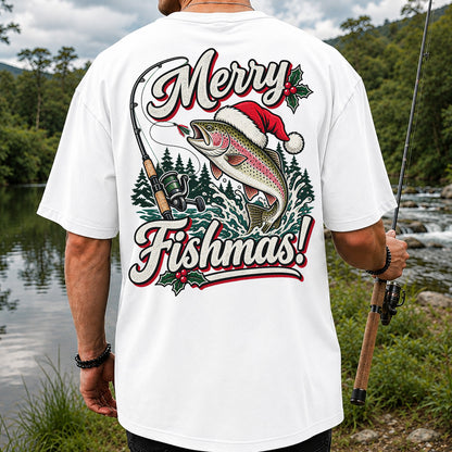 Merry Fishmas Rainbow Trout in Santa Hat Christmas Fishing T-Shirt, Trout Fishing | Back Print