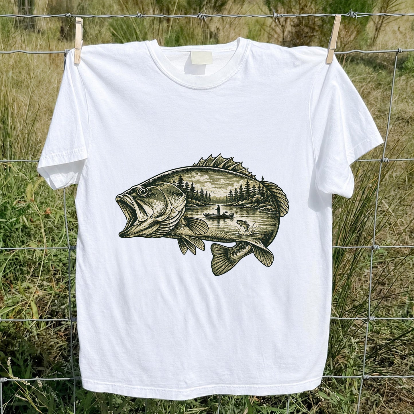 Vintage Bass Lake Fishing Scene Graphic T-Shirt