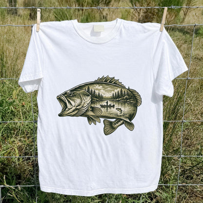 Vintage Bass Lake Fishing Scene Graphic T-Shirt