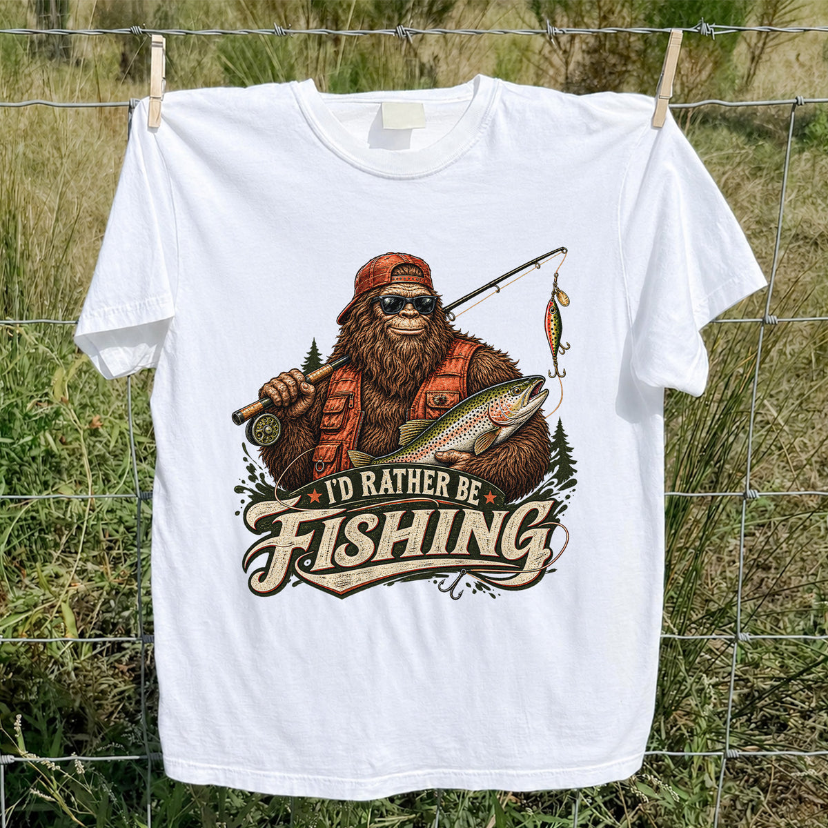 Bigfoot Holding Trout Funny Fishing Graphic T-Shirt