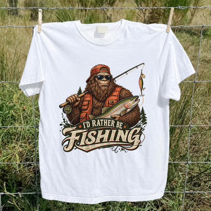 Bigfoot Holding Trout Funny Fishing Graphic T-Shirt