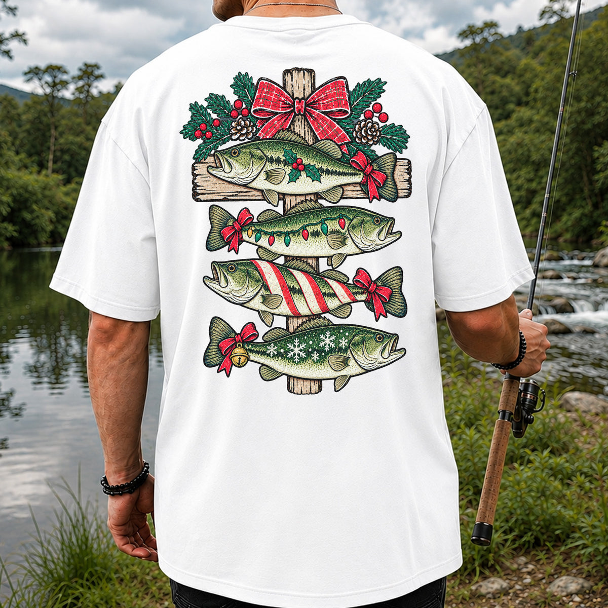 Christmas Bass Fishing Sign Holiday Graphic T-Shirt | Back Print