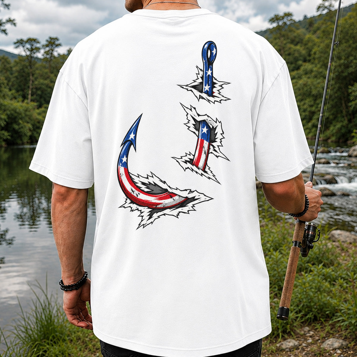 Patriotic American Flag Fishing Hooks Graphic T-Shirt | Back Print