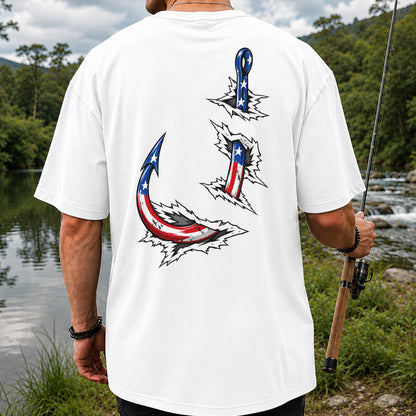 Patriotic American Flag Fishing Hooks Graphic T-Shirt | Back Print