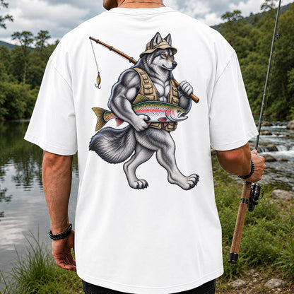 Wolf Angler Holding Rainbow Trout Fishing Graphic T-Shirt | Back Print