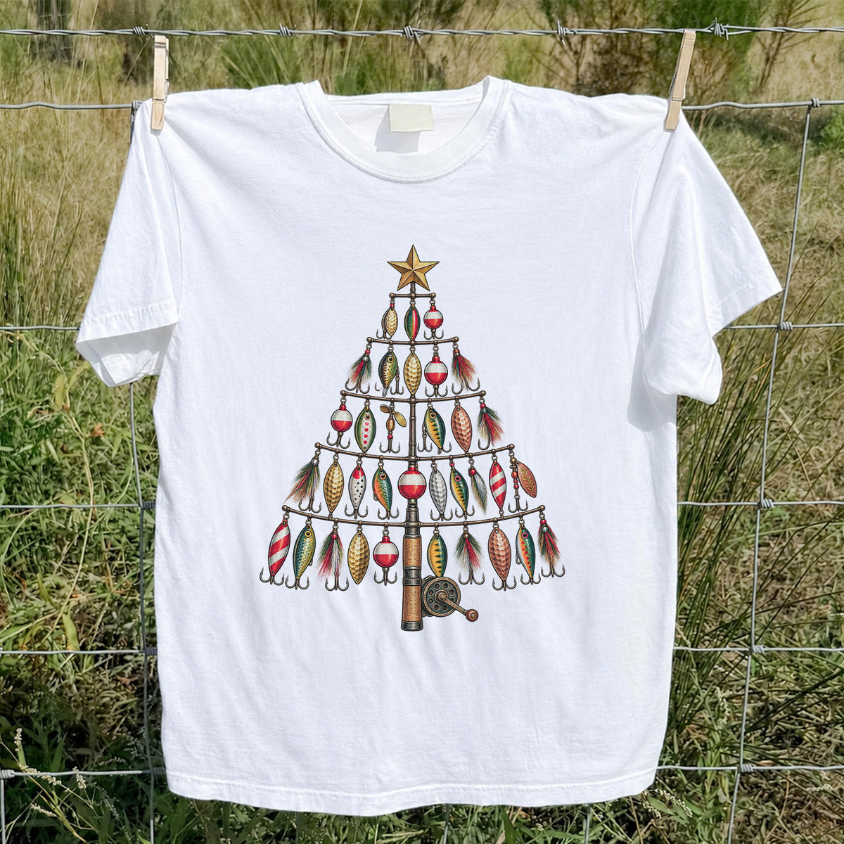 Fishing Lure Christmas Tree with Rod and Reel Graphic T-Shirt