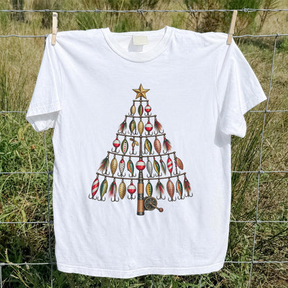 Fishing Lure Christmas Tree with Rod and Reel Graphic T-Shirt