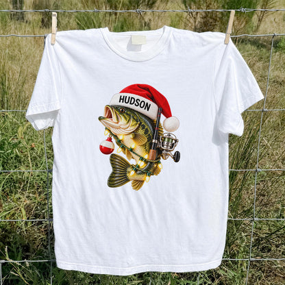 Hudson Santa Hat Bass Christmas Fishing Graphic T-Shirt