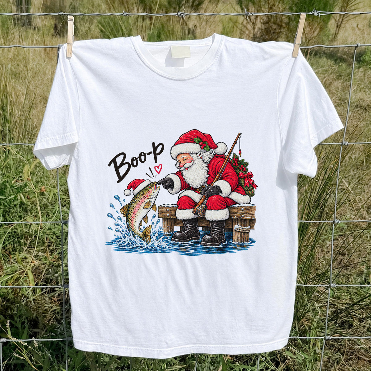 Santa Fishing for Rainbow Trout Christmas Graphic T-Shirt