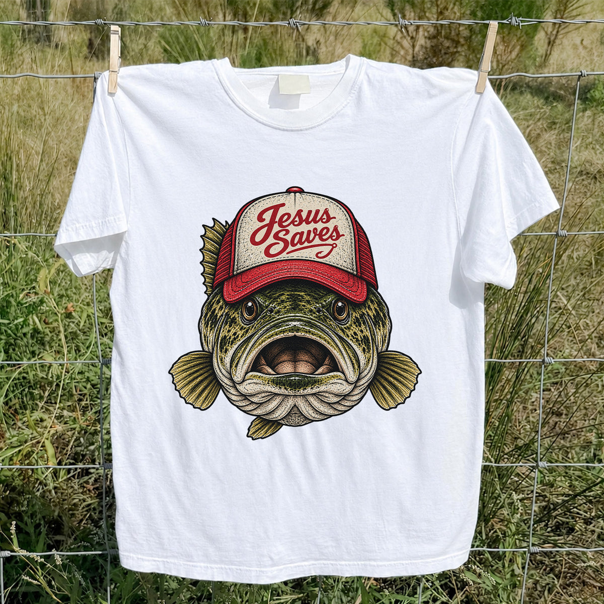 Jesus Saves Largemouth Bass in a Trucker Hat Fishing T-Shirt