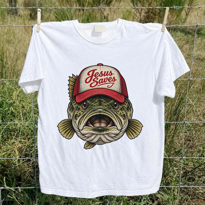 Jesus Saves Largemouth Bass in a Trucker Hat Fishing T-Shirt