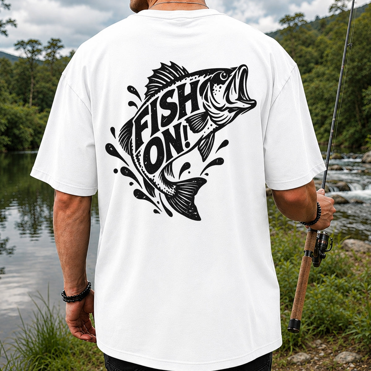 Fish On! Jumping Bass Fishing Distressed Graphic T-Shirt | Back Print