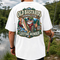 Old Bastards Fishing Club Lifetime Member Still Reelin' Rainbow Trout T-Shirt | Back Print