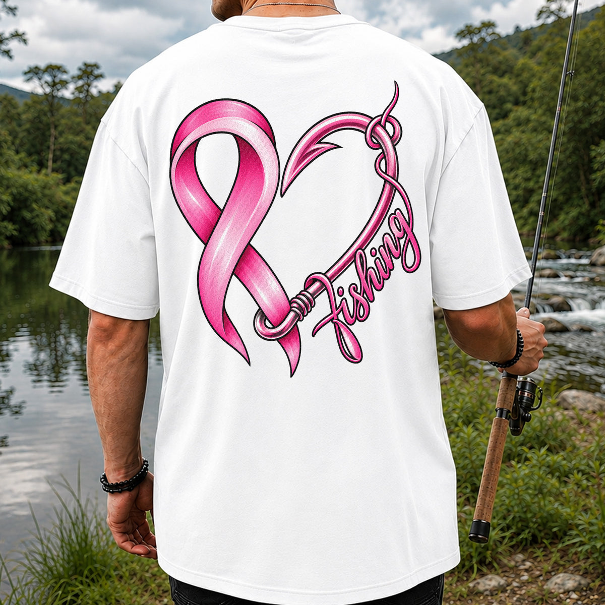 Pink Ribbon Heart Fish Hook Fishing Graphic T-Shirt | Back Print