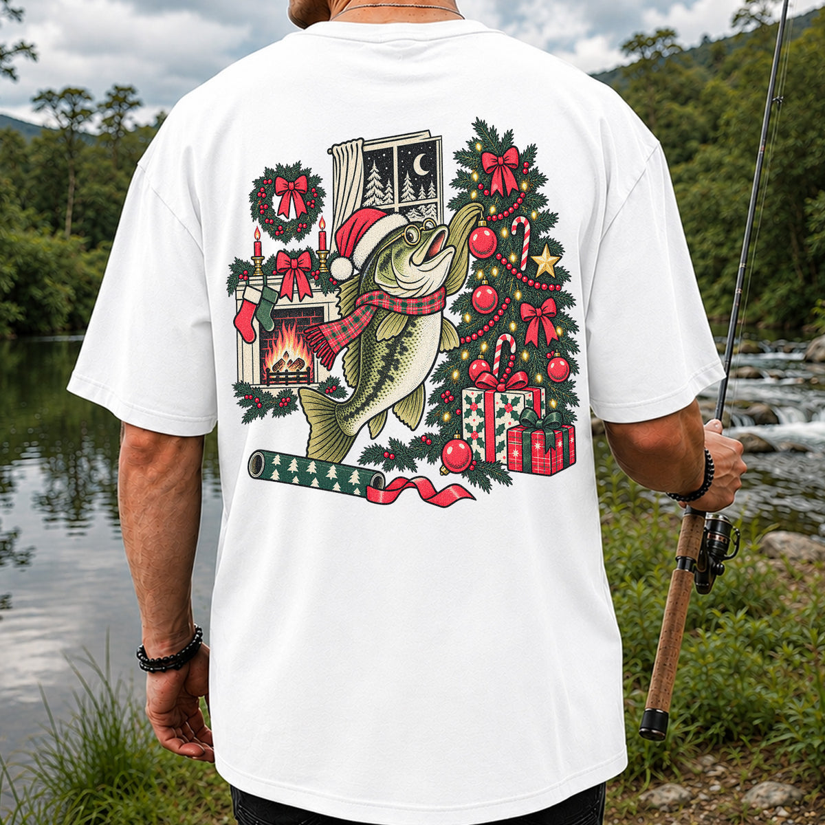 Christmas Bass Fishing Fireplace Tree Graphic T-Shirt | Back Print