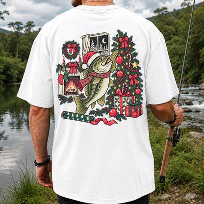 Christmas Bass Fishing Fireplace Tree Graphic T-Shirt | Back Print