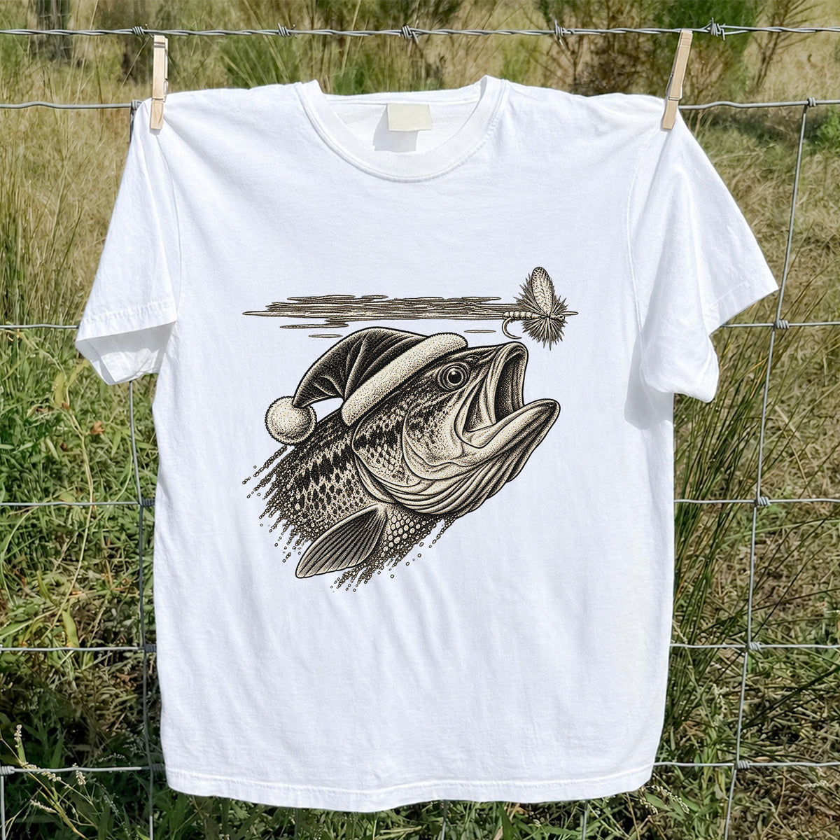 Santa Hat Bass Chasing a Fishing Fly Graphic T-Shirt