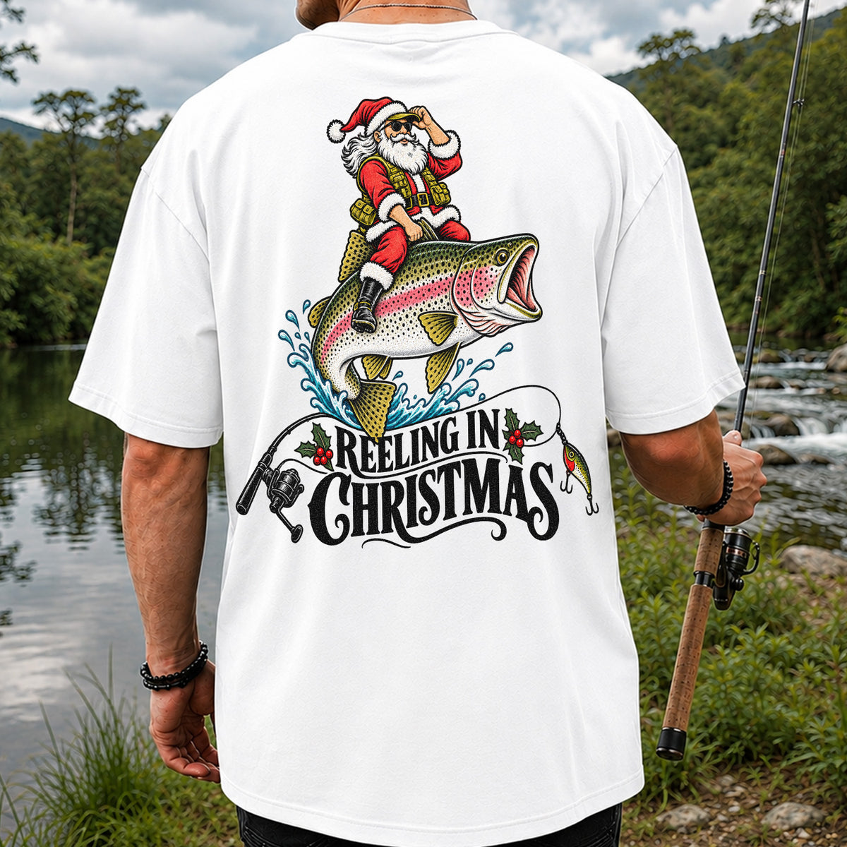 Reeling in Christmas Santa Rainbow Trout Fishing T-Shirt | Back Print