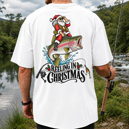 Reeling in Christmas Santa Rainbow Trout Fishing T-Shirt | Back Print