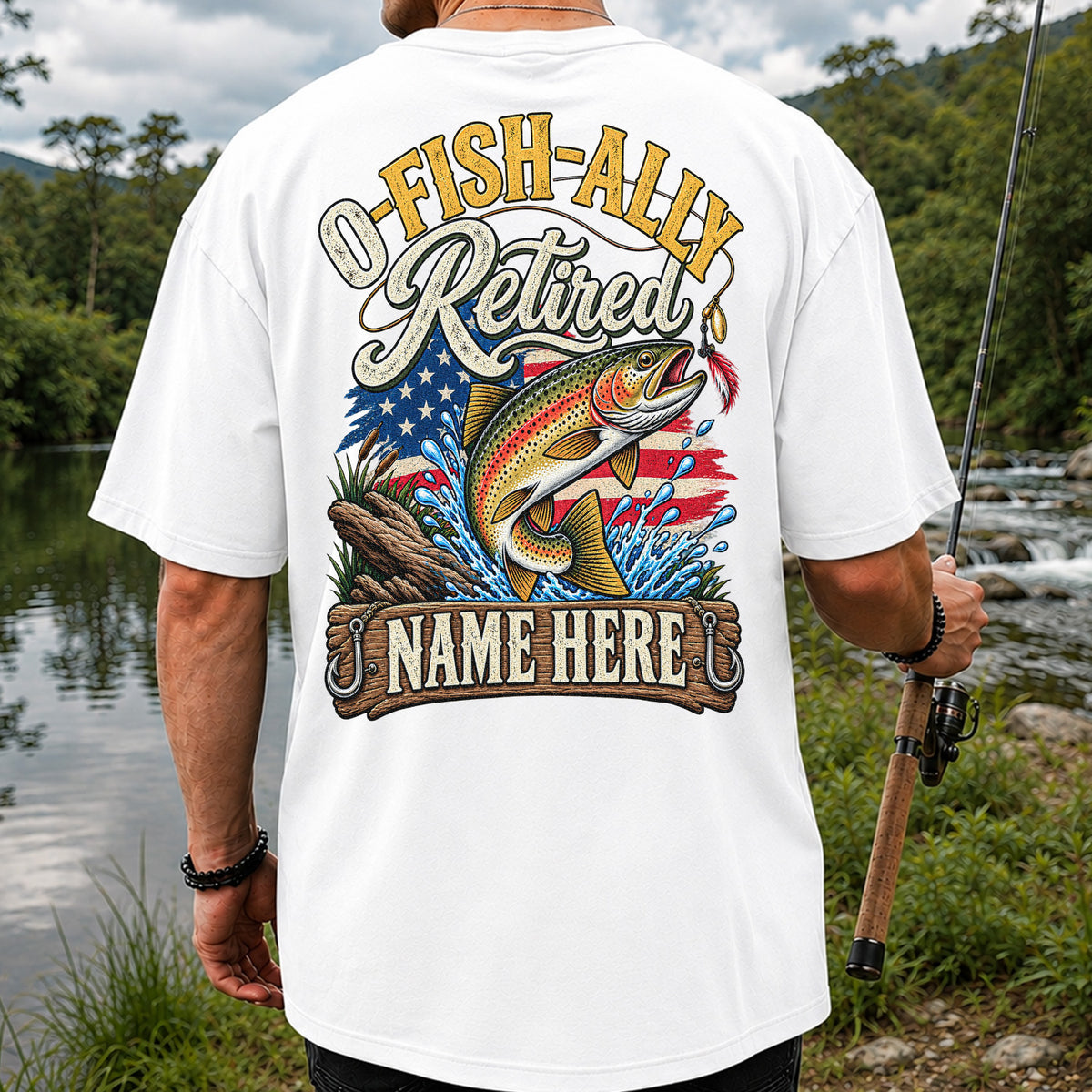 Retired Rainbow Trout American Flag Fishing T-Shirt | Back Print