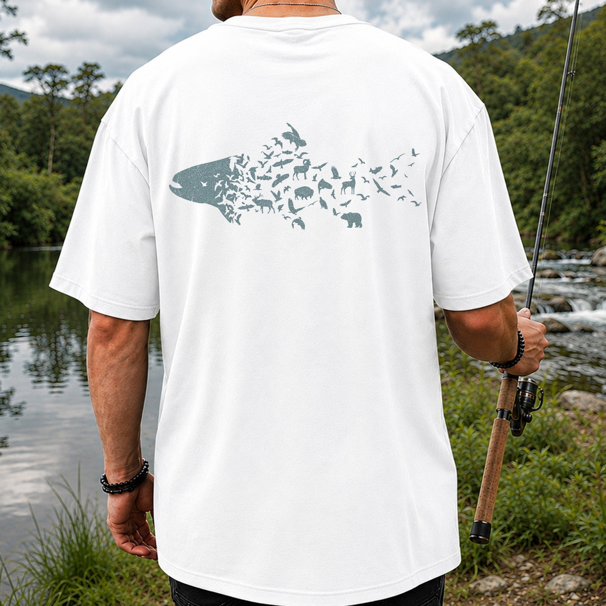 Wildlife Fish Silhouette Fishing Graphic T-Shirt | Back Print
