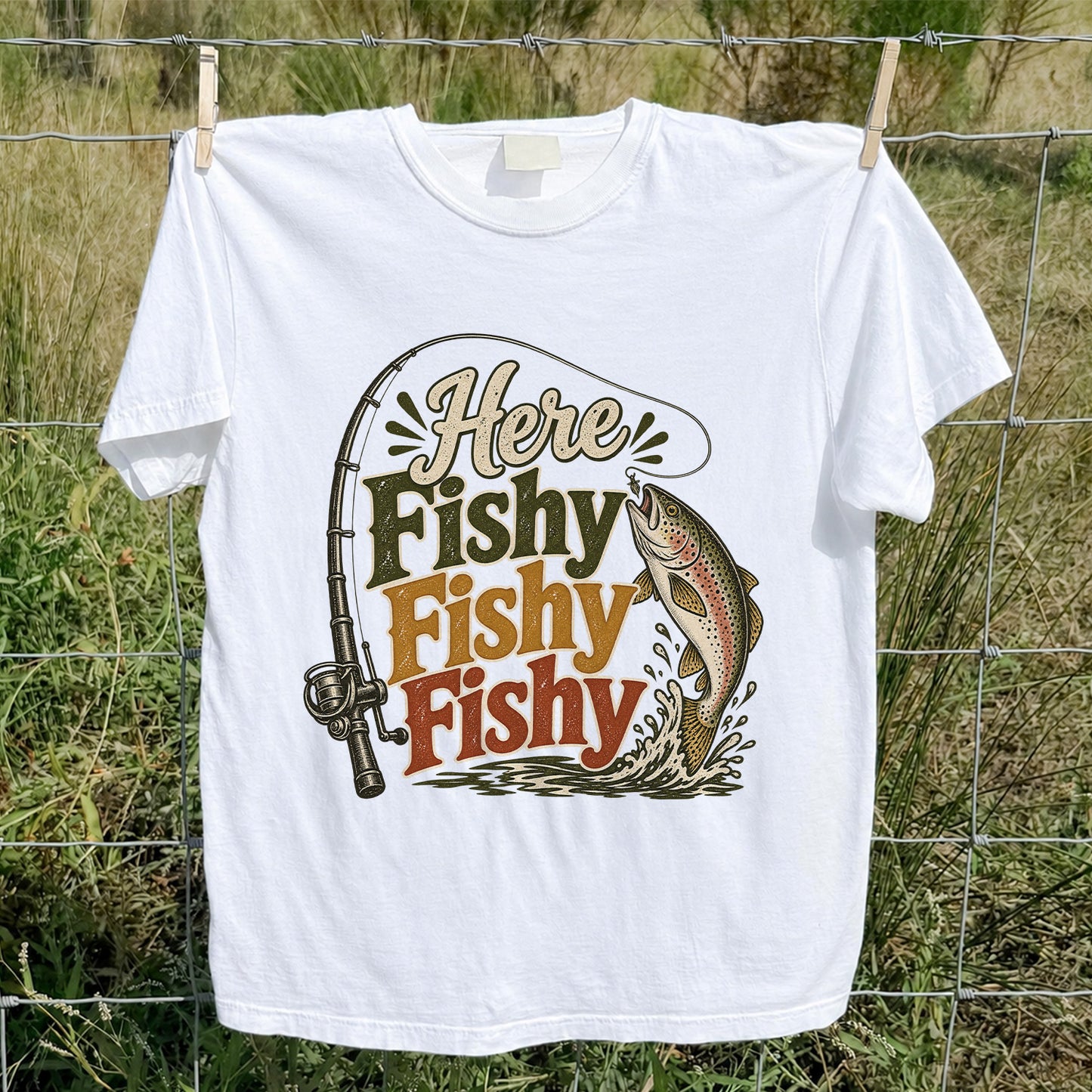 Here Fishy Fishy Fishy Rainbow Trout and Fishing Rod Retro T-Shirt