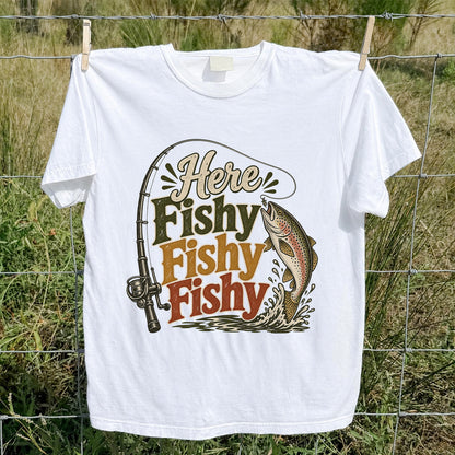 Here Fishy Fishy Fishy Rainbow Trout and Fishing Rod Retro T-Shirt