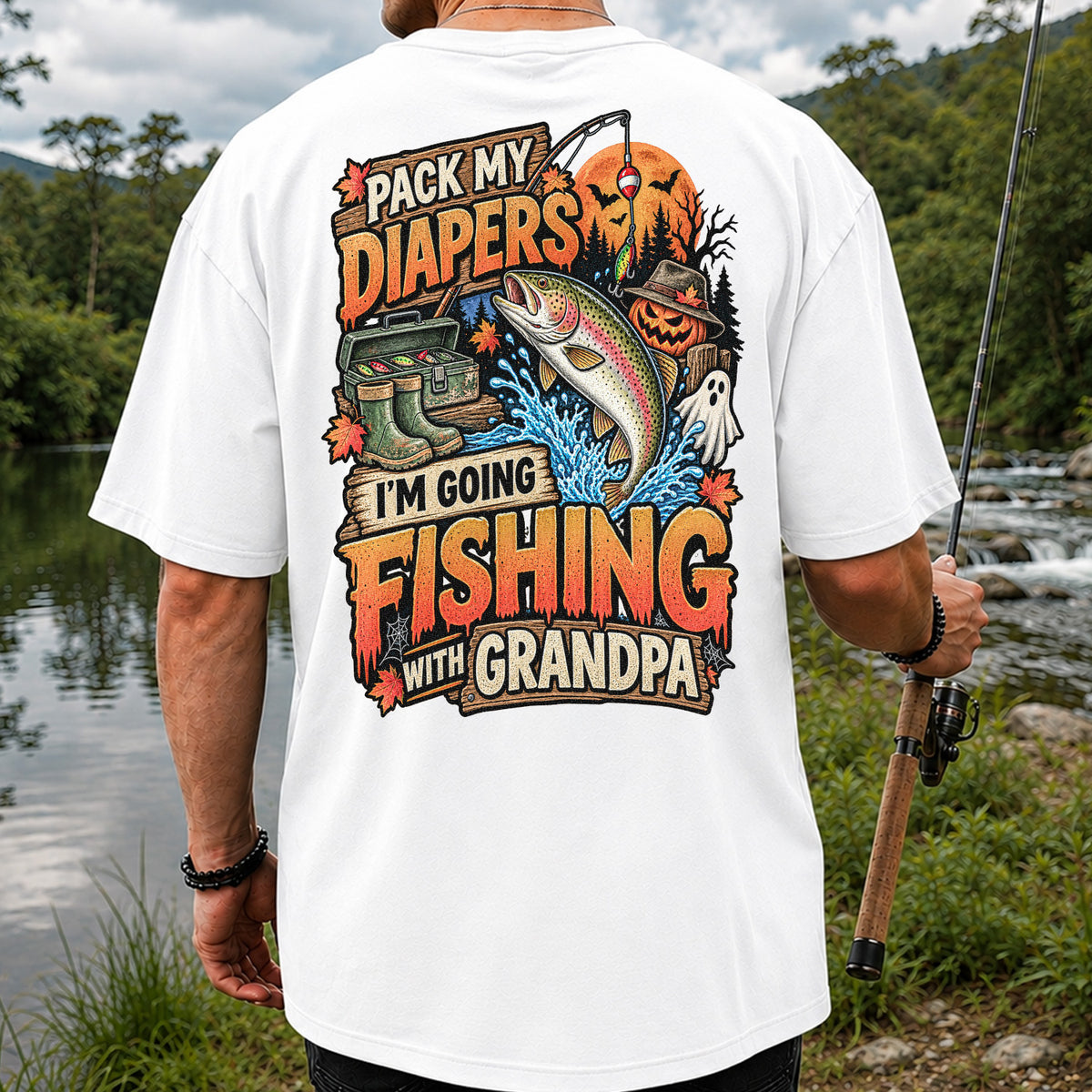 Pack My Diapers I'm Going Fishing With Grandpa Halloween Rainbow Trout T-Shirt | Back Print