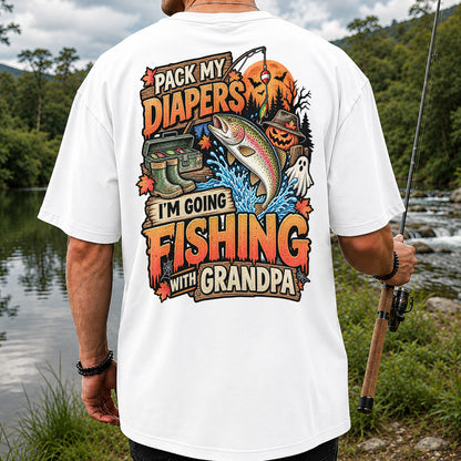 Pack My Diapers I'm Going Fishing With Grandpa Halloween Rainbow Trout T-Shirt | Back Print