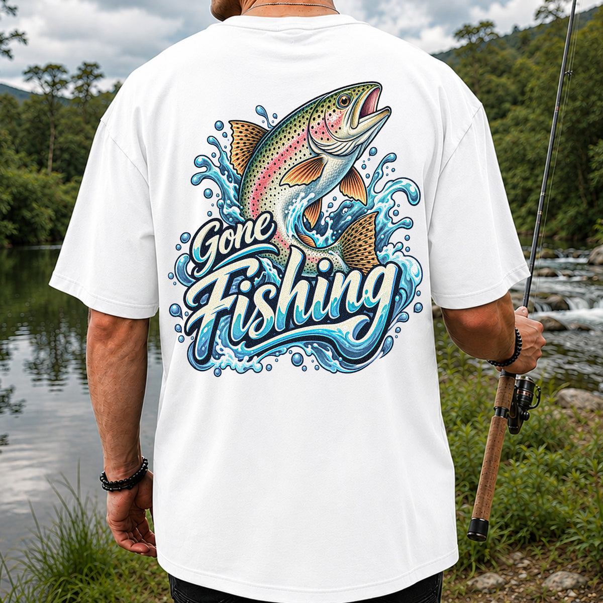 Gone Fishing Jumping Rainbow Trout Splash Graphic T-Shirt | Back Print