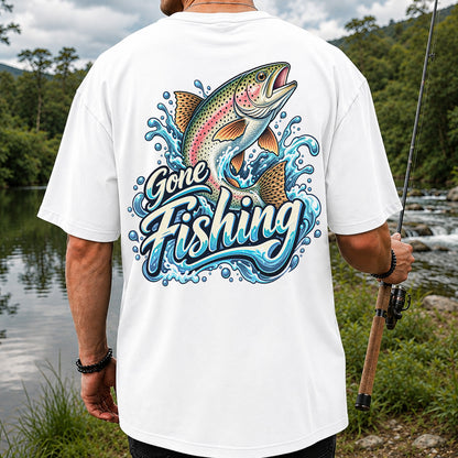 Gone Fishing Jumping Rainbow Trout Splash Graphic T-Shirt | Back Print
