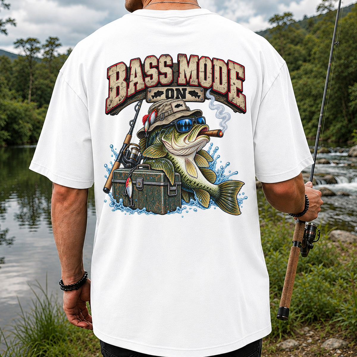 Bass Mode On Funny Bass with Cigar Fishing Graphic T-Shirt | Back Print
