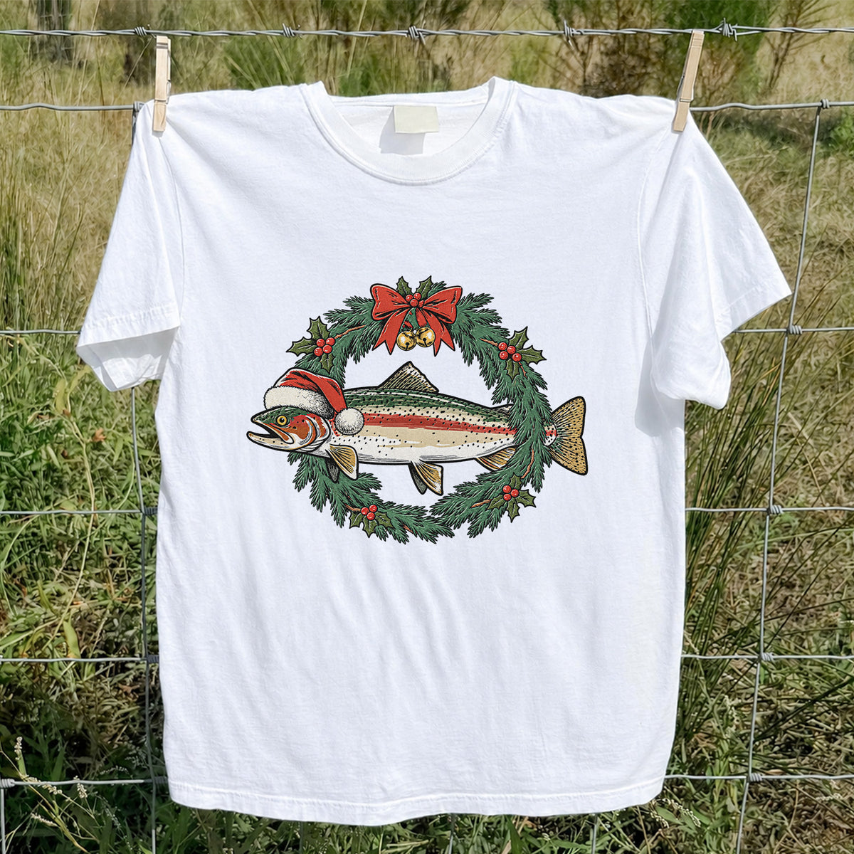 Christmas Trout Wreath Fishing Graphic T-Shirt