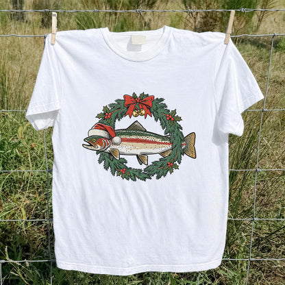 Christmas Trout Wreath Fishing Graphic T-Shirt